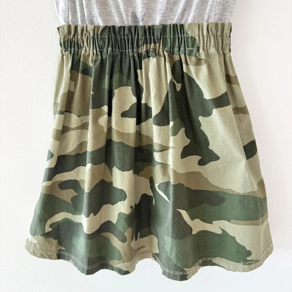 J.Crew Crewcuts Gray Ruffle Top Green Camo Skirt Dress Girls 4 Mixed Media